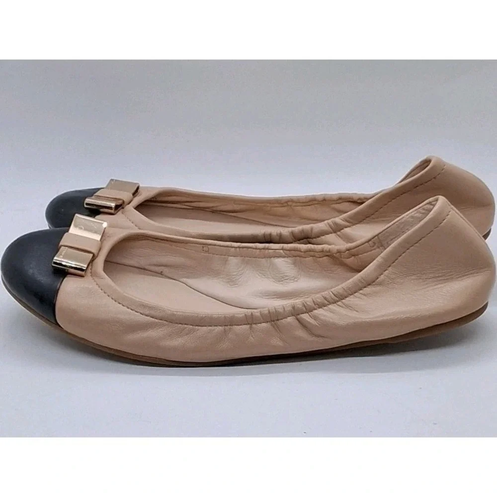 Coach DEMI Foldable Ballet Slip On Flats Size 11B Beige Black Gold Tone Bow - Picture 2 of 11